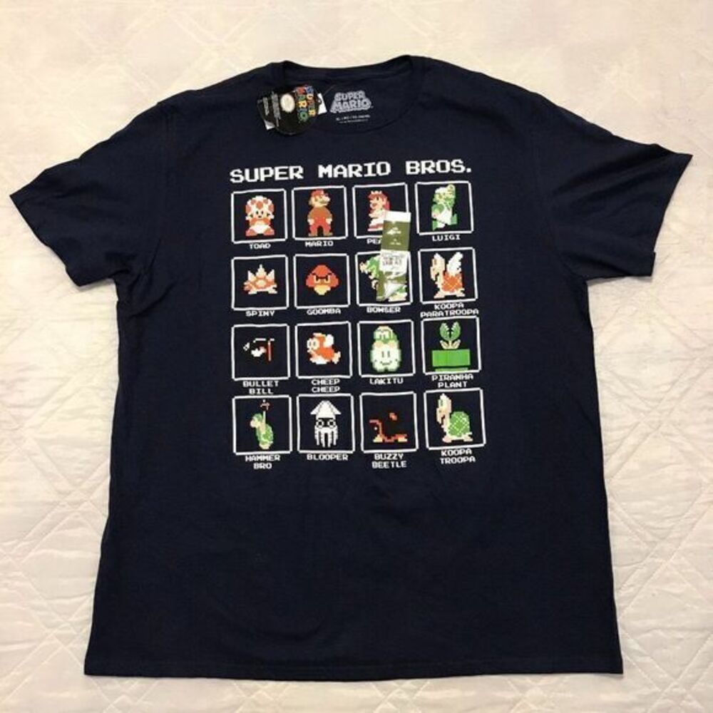 Super Mario Bros. character list black T‎ shirt XL nwt